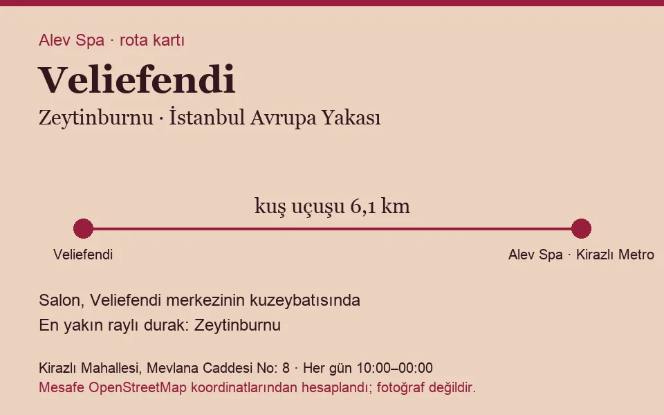 Veliefendi masaj salonu rota kartı: Alev Spa'ya kuş uçuşu 6,1 km, salon kuzeybatısında