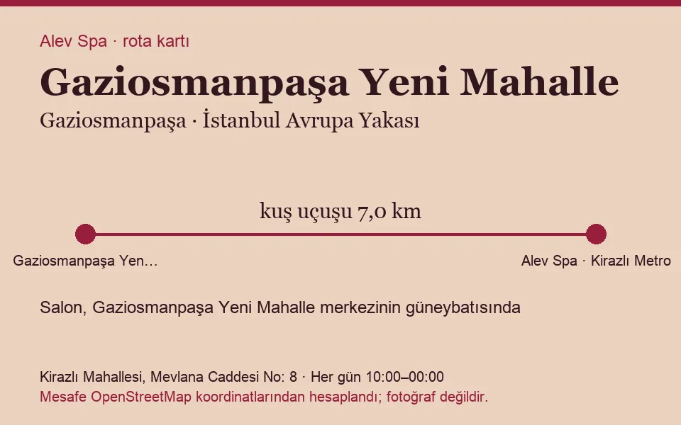 Gaziosmanpaşa Gaziosmanpaşa Yeni Mahalle masaj salonu rota kartı: Alev Spa'ya kuş uçuşu 7,0 km, salon güneybatısında