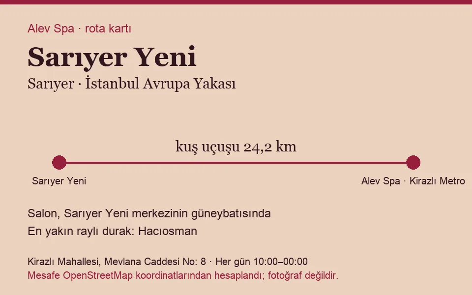 Yeni (Sarıyer) masaj salonu rota kartı: Alev Spa'ya kuş uçuşu 24,2 km, salon güneybatısında