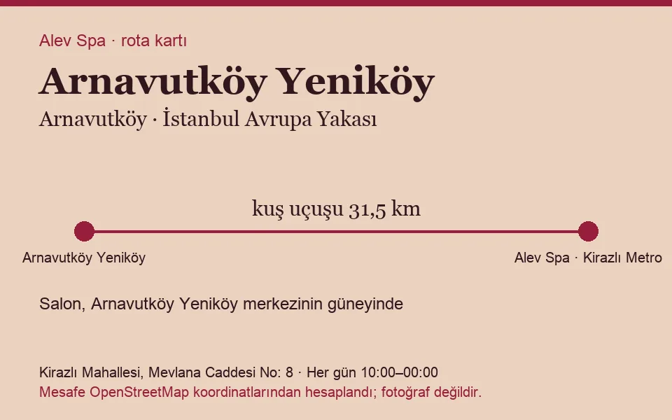 Arnavutköy Arnavutköy Yeniköy masaj salonu rota kartı: Alev Spa'ya kuş uçuşu 31,5 km, salon güneyinde