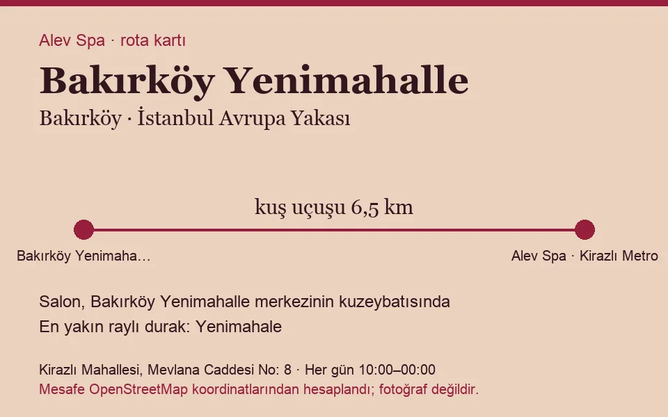 Yenimahalle (Bakırköy) masaj salonu rota kartı: Alev Spa'ya kuş uçuşu 6,5 km, salon kuzeybatısında