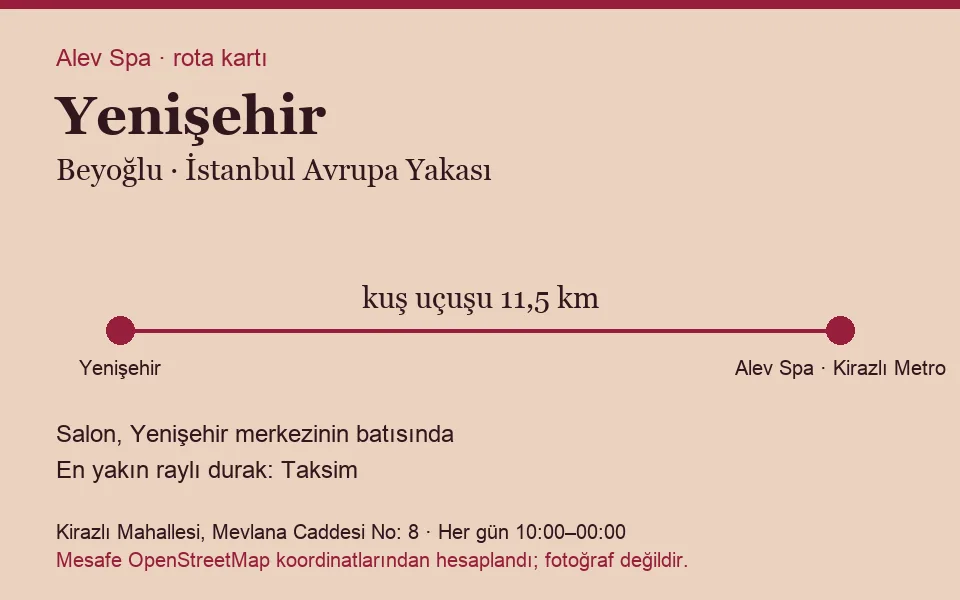 Yenişehir masaj salonu rota kartı: Alev Spa'ya kuş uçuşu 11,5 km, salon batısında