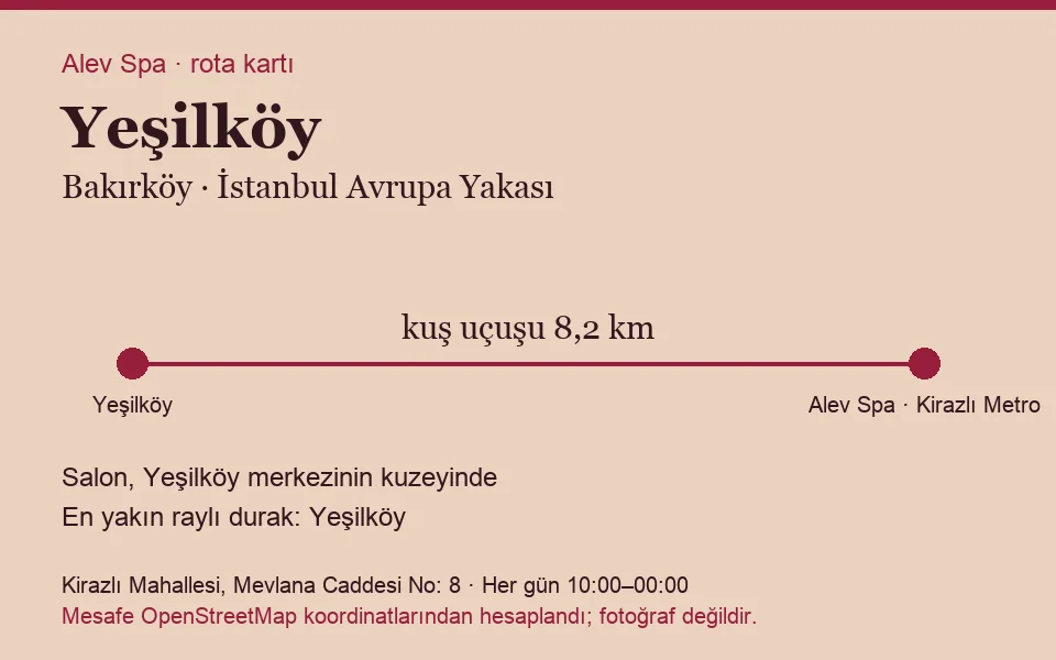Yeşilköy masaj salonu rota kartı: Alev Spa'ya kuş uçuşu 8,2 km, salon kuzeyinde