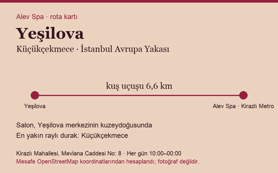 Yeşilova masaj salonu rota kartı: Alev Spa'ya kuş uçuşu 6,6 km, salon kuzeydoğusunda