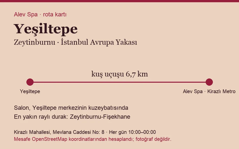 Yeşiltepe masaj salonu rota kartı: Alev Spa'ya kuş uçuşu 6,7 km, salon kuzeybatısında