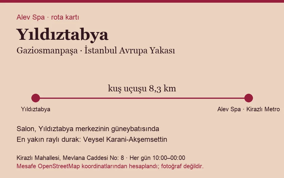 Yıldıztabya masaj salonu rota kartı: Alev Spa'ya kuş uçuşu 8,3 km, salon güneybatısında