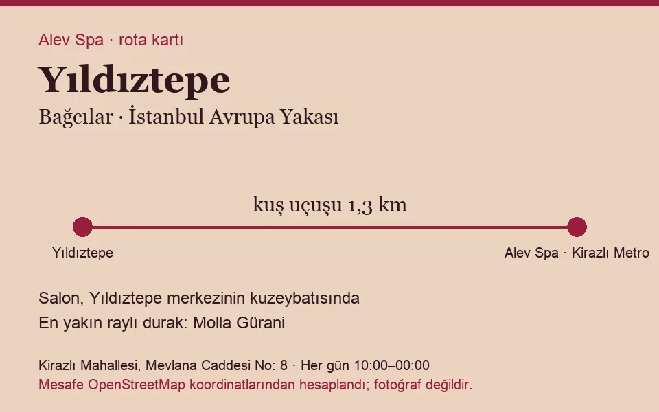 Yıldıztepe masaj salonu rota kartı: Alev Spa'ya kuş uçuşu 1,3 km, salon kuzeybatısında