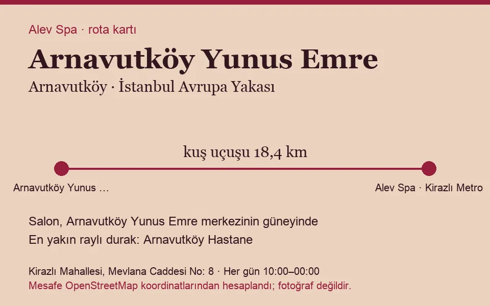 Yunus Emre (Arnavutköy) masaj salonu rota kartı: Alev Spa'ya kuş uçuşu 18,4 km, salon güneyinde