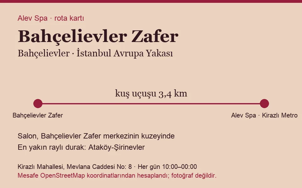 Zafer (Bahçelievler) masaj salonu rota kartı: Alev Spa'ya kuş uçuşu 3,4 km, salon kuzeyinde