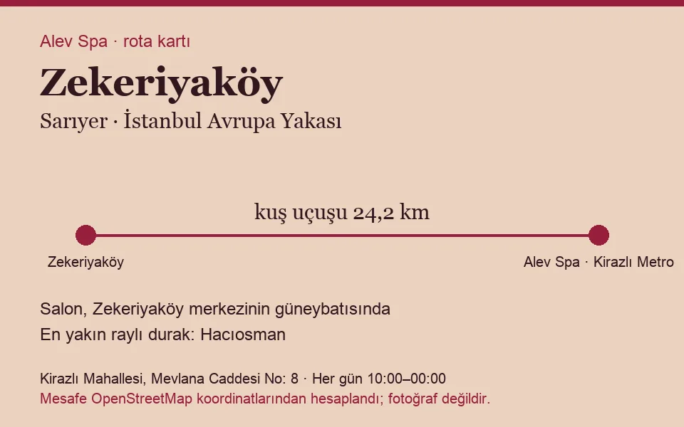 Zekeriyaköy masaj salonu rota kartı: Alev Spa'ya kuş uçuşu 24,2 km, salon güneybatısında