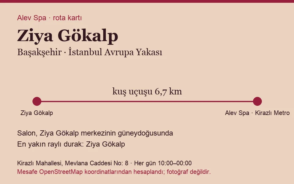 Ziya Gökalp masaj salonu rota kartı: Alev Spa'ya kuş uçuşu 6,7 km, salon güneydoğusunda