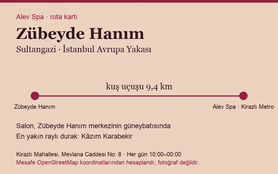 Zübeyde Hanım masaj salonu rota kartı: Alev Spa'ya kuş uçuşu 9,4 km, salon güneybatısında